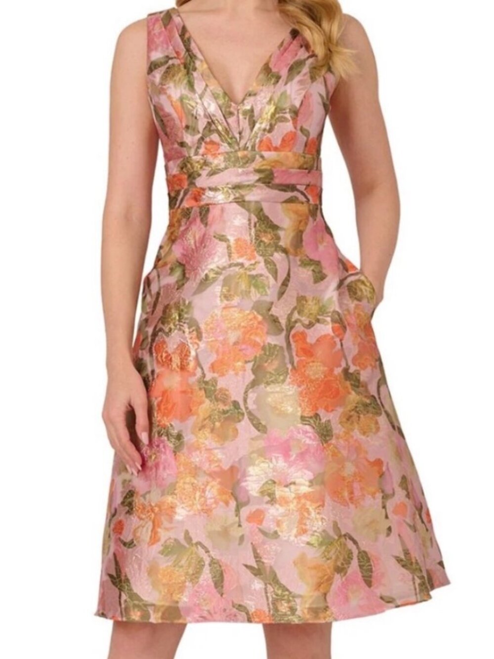 NWT Adrianna Papell Metallic Jacquard Floral A-line Midi Dress. Size 6